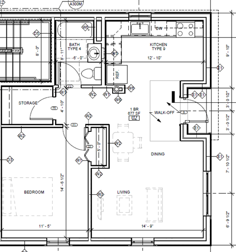 Open layout for kitchen and living area, large bedroom with closet, walk-in closet off bathroom, windows in kitchen, living, and bedroom.